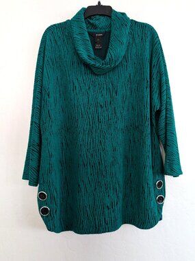 ALI MILES Top Women's L Green Black Lagenlook Cowl Neck 3/4 Sleeve Pullover